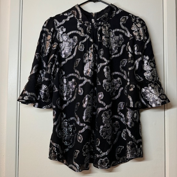Rebecca Taylor Silk Blend Black Silver Lurex Metallic Bell Sleeve Blouse Size 8 - Picture 4 of 17